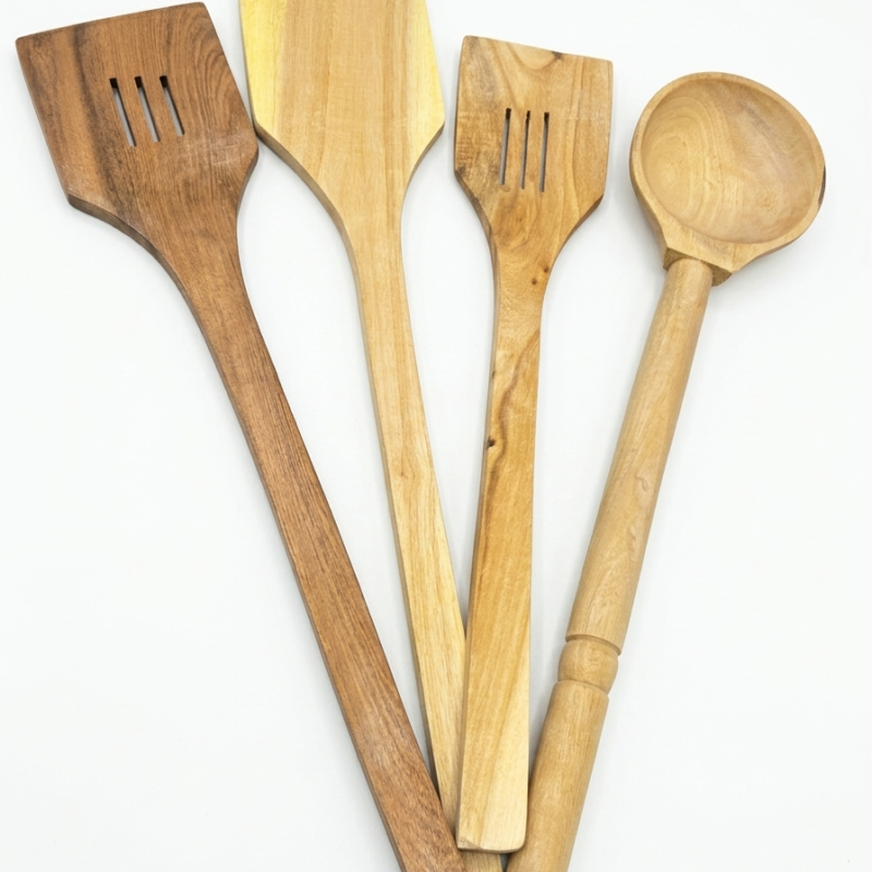 Wooden Cooking Spoons Set 4 PCS Handcrafted Non-Stick Kitchen Spatulas & Ladle - NIA CLAY