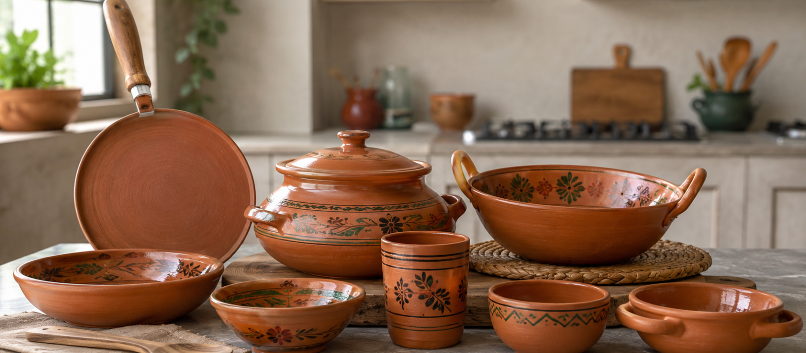 Mitti ke bartan clay cookware including handi tawa and karahi
