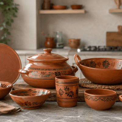 Mitti ke bartan clay cookware including handi tawa and karahi