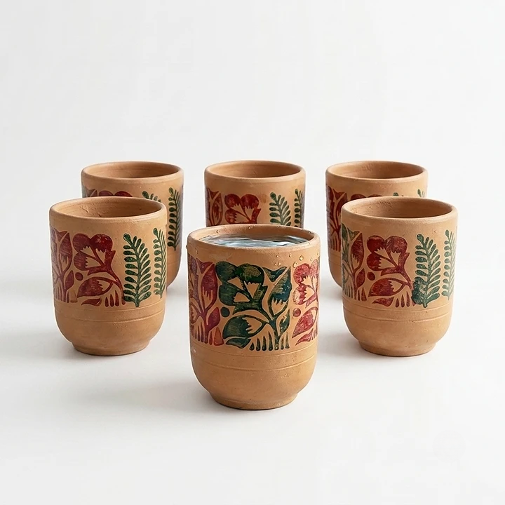 NIA Clay Printed Glass 6 Pcs: Perfect Natural Earthenware Drinkware Set